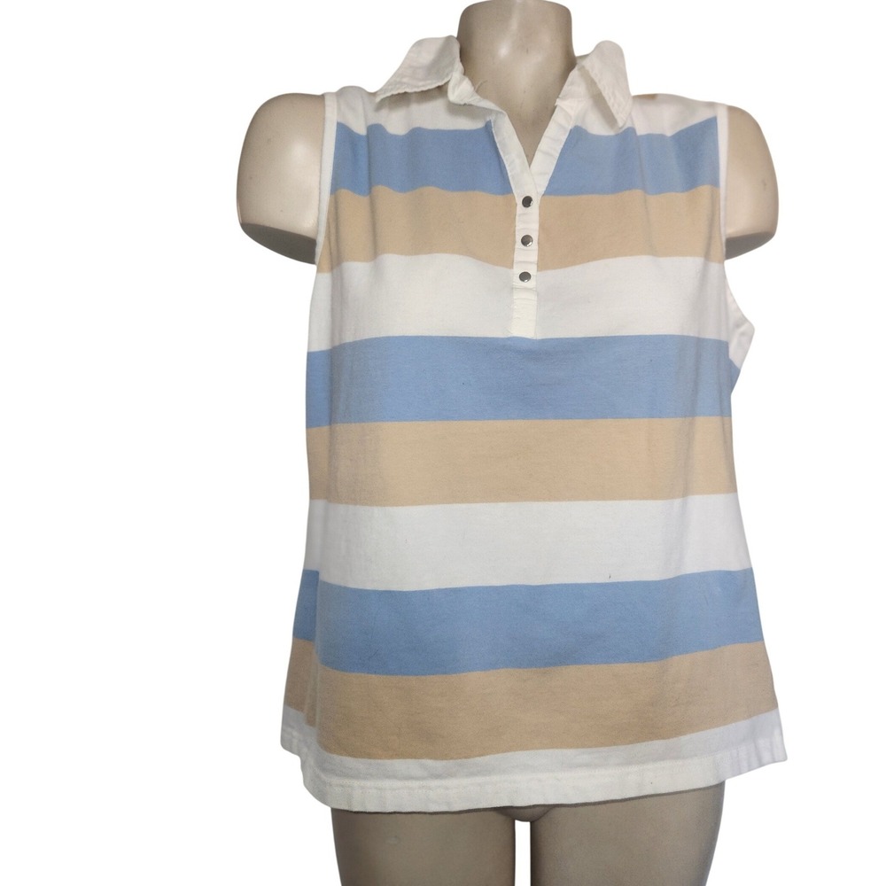 Lizgolf Womens Sleeveless Polo Shirt L Blue‎ Tan White Striped Golf Top tennis